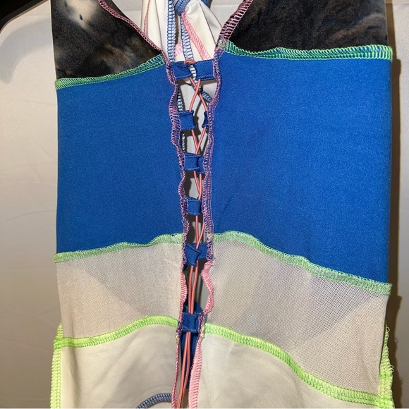 Color It In Colorblock Halter Top - Blue Green Pink Topstitching Distressed - Picture 6 of 16